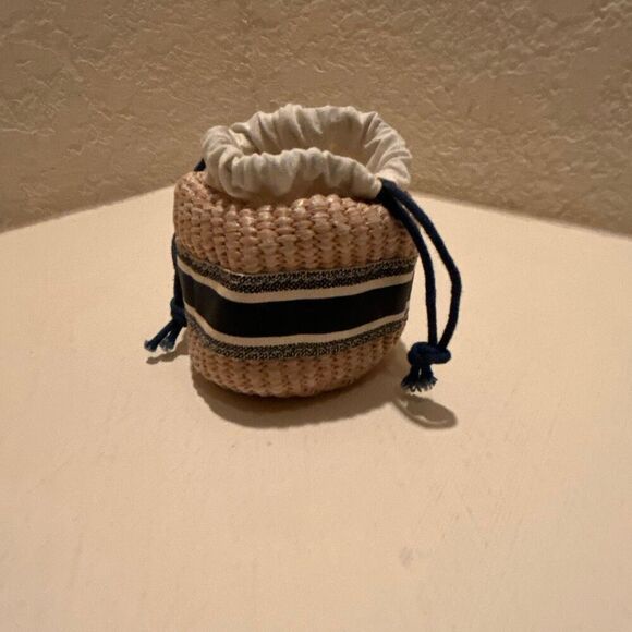 Christian Dior Beauty Mini Raffia Drawstring Top Bag Blue White Logo Coastal - Picture 5 of 10